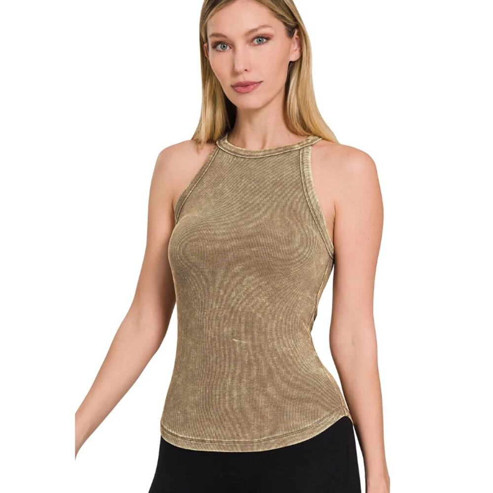 Zenana Outfitters Tan Brown Ribbed High-Neck Tank Top